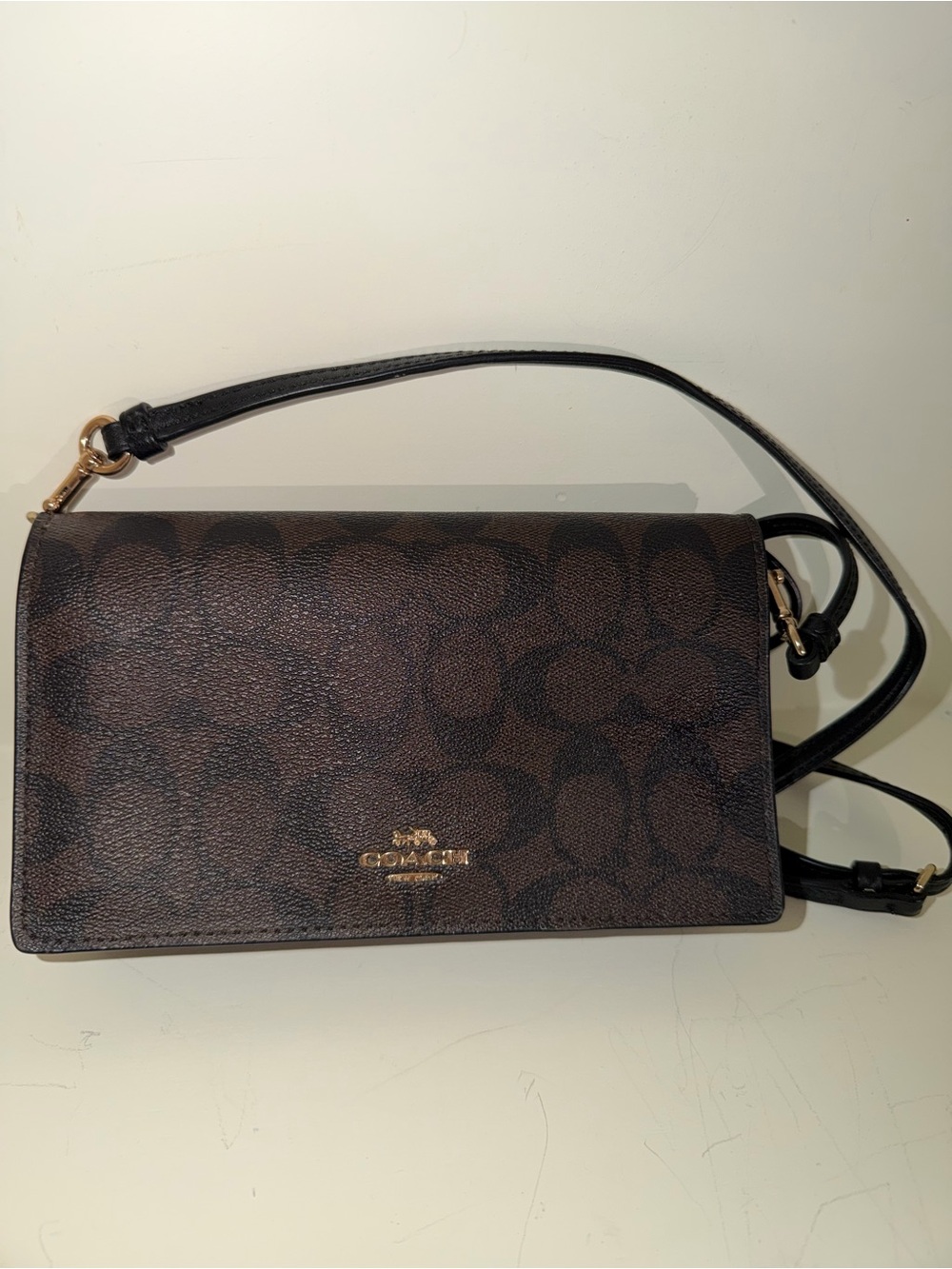 Coach Dark Brown Signature Canvas Crossbody with Black Strap